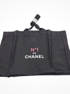 CHANEL Black Canvas Tote with Pink and White Logo